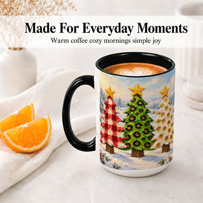 #pl[15oz|Black] Patterned Christmas Trees Ceramic Mug, Leopard Print Winter Art