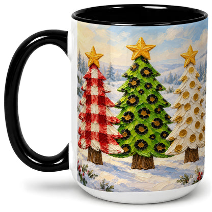 #pl[15oz|Black] Patterned Christmas Trees Ceramic Mug, Leopard Print Winter Art
