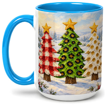 #pl[15oz|Blue] Patterned Christmas Trees Ceramic Mug, Leopard Print Winter Art