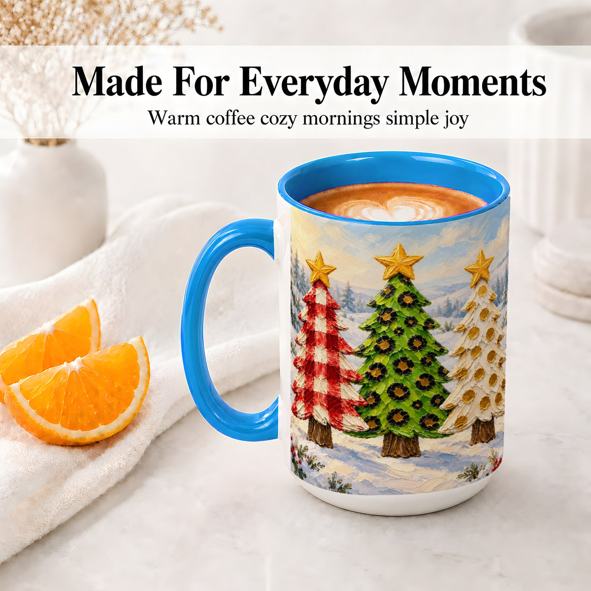 #pl[15oz|Blue] Patterned Christmas Trees Ceramic Mug, Leopard Print Winter Art