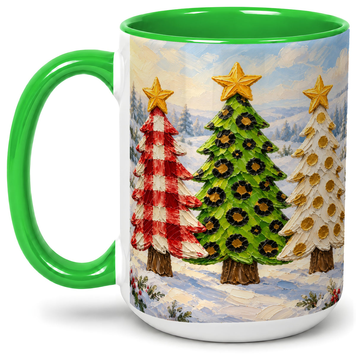 #pl[15oz|Green] Patterned Christmas Trees Ceramic Mug, Leopard Print Winter Art