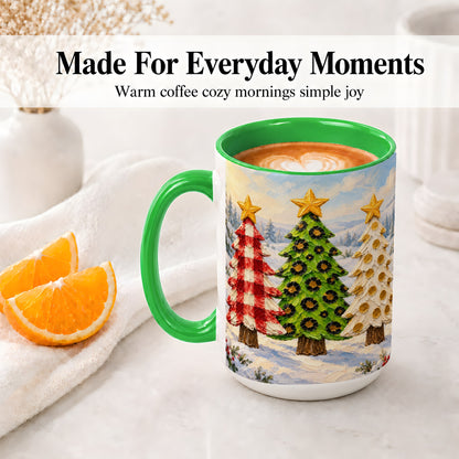 #pl[15oz|Green] Patterned Christmas Trees Ceramic Mug, Leopard Print Winter Art