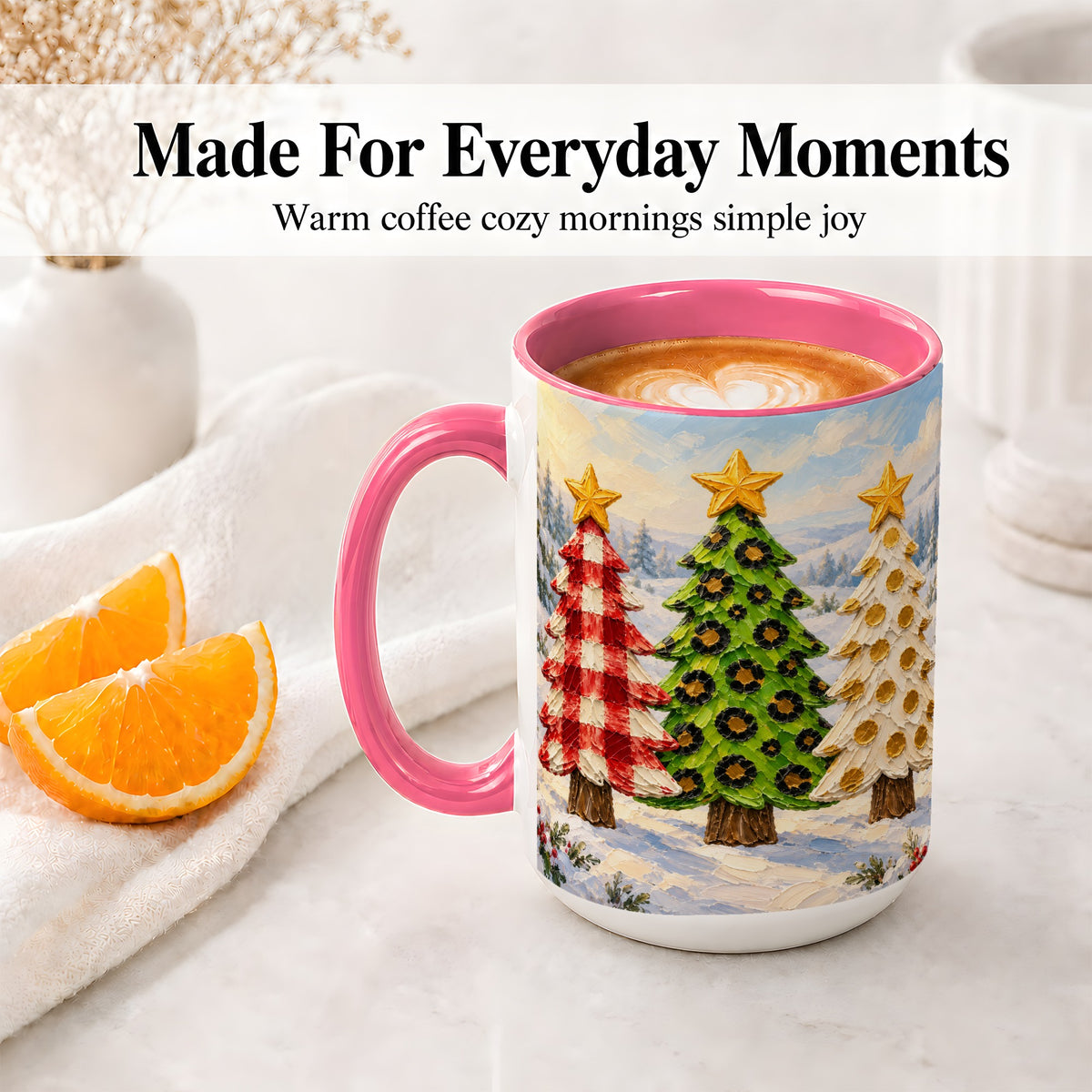 #pl[15oz|Pink] Patterned Christmas Trees Ceramic Mug, Leopard Print Winter Art