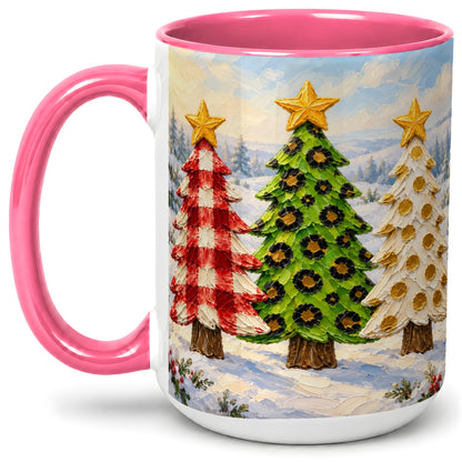 #pl[15oz|Pink] Patterned Christmas Trees Ceramic Mug, Leopard Print Winter Art