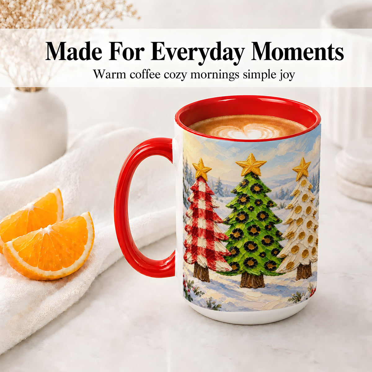 #pl[15oz|Red] Patterned Christmas Trees Ceramic Mug, Leopard Print Winter Art