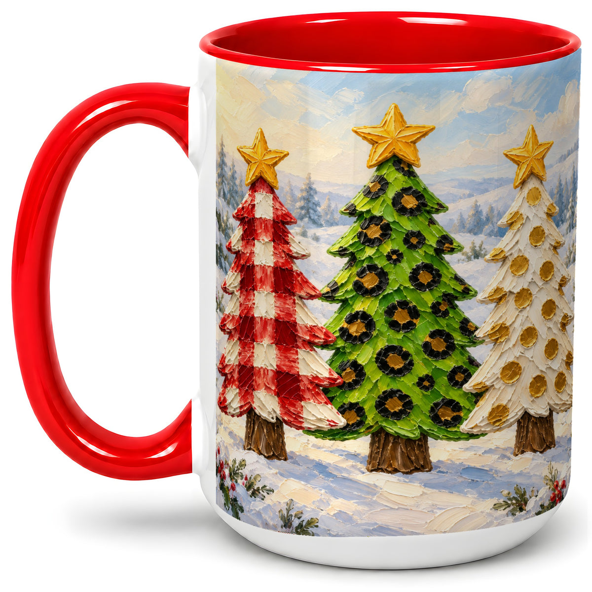 #pl[15oz|Red] Patterned Christmas Trees Ceramic Mug, Leopard Print Winter Art