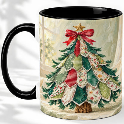 #pl[11oz|Black] Patchwork Christmas Tree Accent Mug, Ceramic Cup for Coffee