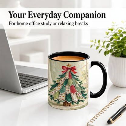 #pl[11oz|Black] Patchwork Christmas Tree Accent Mug, Ceramic Cup for Coffee