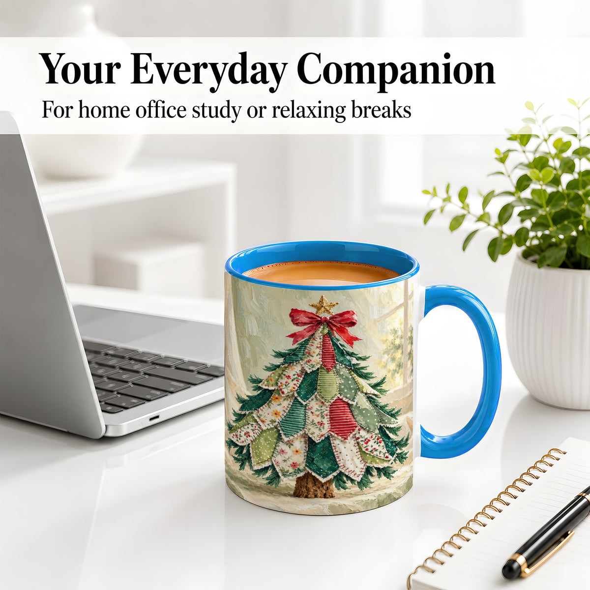 #pl[11oz|Blue] Patchwork Christmas Tree Accent Mug, Ceramic Cup for Coffee