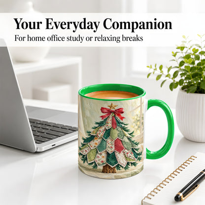 #pl[11oz|Green] Patchwork Christmas Tree Accent Mug, Ceramic Cup for Coffee