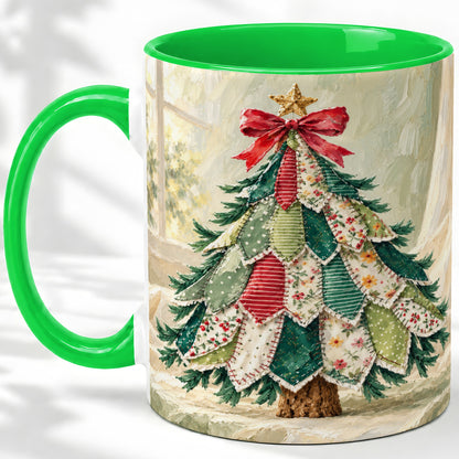 #pl[11oz|Green] Patchwork Christmas Tree Accent Mug, Ceramic Cup for Coffee