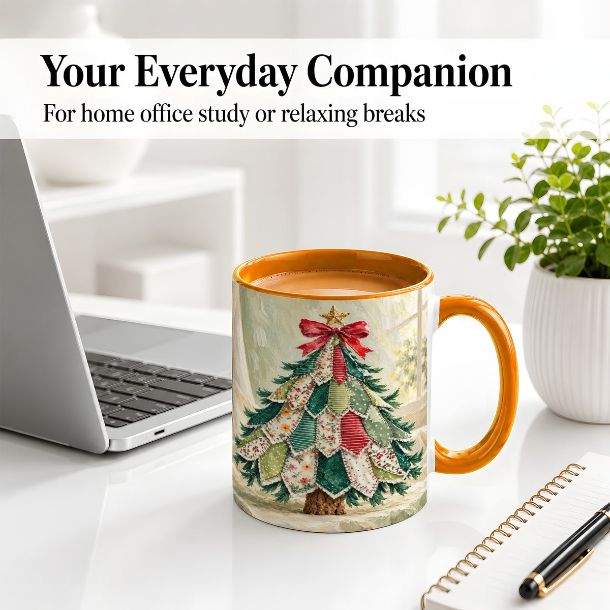 #pl[11oz|Orange] Patchwork Christmas Tree Accent Mug, Ceramic Cup for Coffee