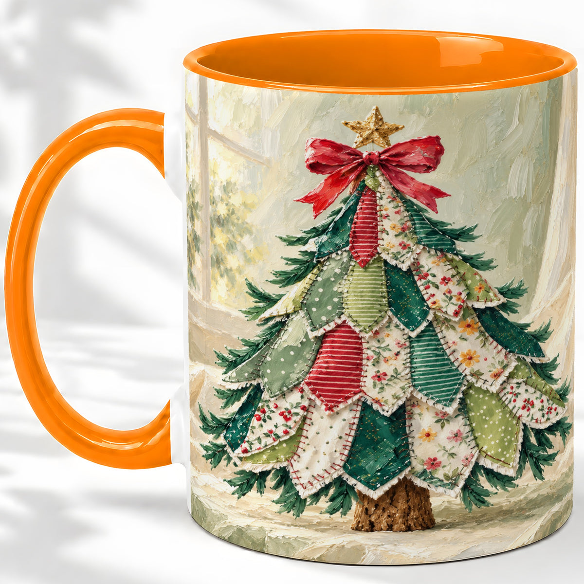 #pl[11oz|Orange] Patchwork Christmas Tree Accent Mug, Ceramic Cup for Coffee