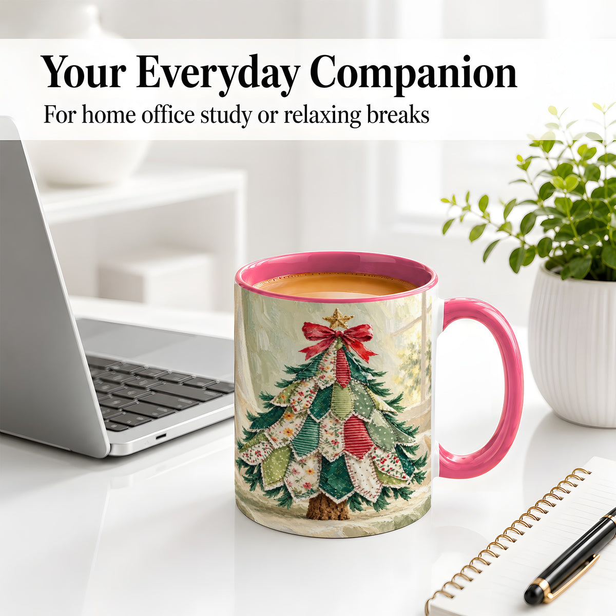 #pl[11oz|Pink] Patchwork Christmas Tree Accent Mug, Ceramic Cup for Coffee