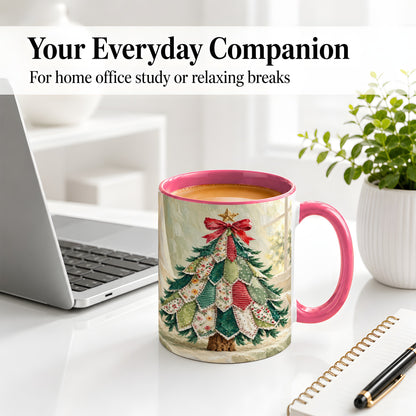 #pl[11oz|Pink] Patchwork Christmas Tree Accent Mug, Ceramic Cup for Coffee