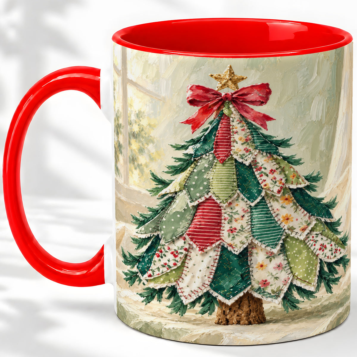 Patchwork Christmas Tree Accent Mug, Ceramic Cup for Coffee