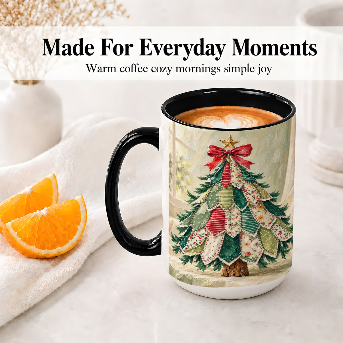 #pl[15oz|Black] Patchwork Christmas Tree Accent Mug, Ceramic Cup for Coffee