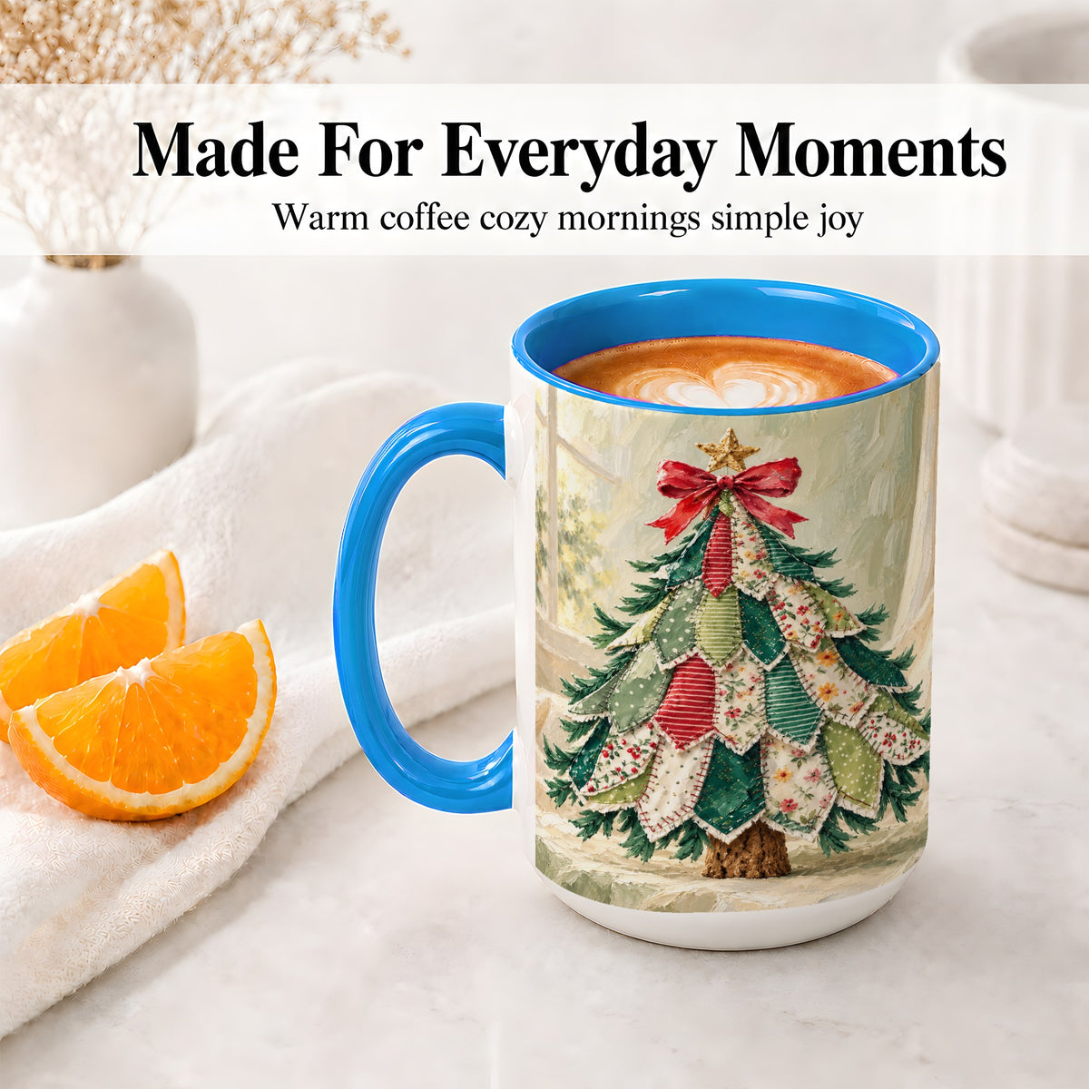 #pl[15oz|Blue] Patchwork Christmas Tree Accent Mug, Ceramic Cup for Coffee