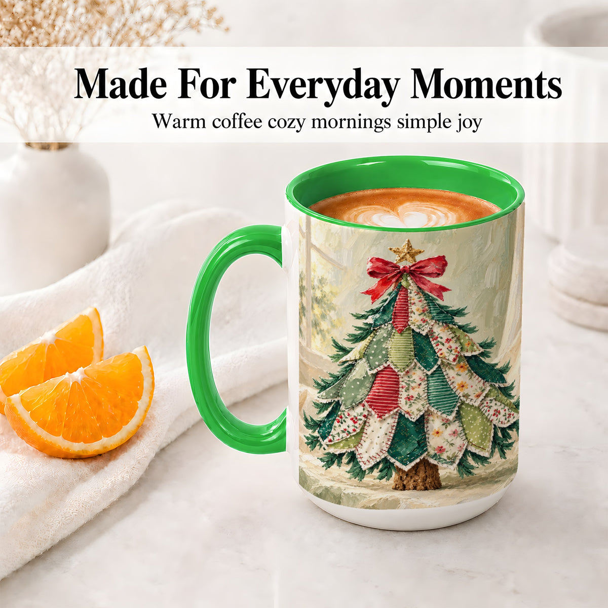 #pl[15oz|Green] Patchwork Christmas Tree Accent Mug, Ceramic Cup for Coffee