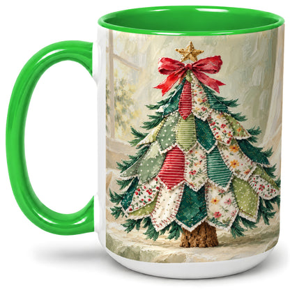 #pl[15oz|Green] Patchwork Christmas Tree Accent Mug, Ceramic Cup for Coffee