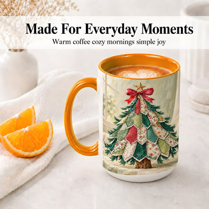 #pl[15oz|Orange] Patchwork Christmas Tree Accent Mug, Ceramic Cup for Coffee