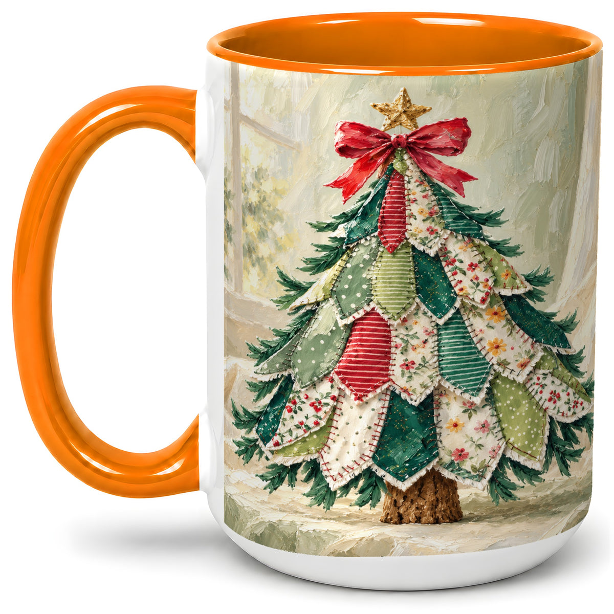 #pl[15oz|Orange] Patchwork Christmas Tree Accent Mug, Ceramic Cup for Coffee