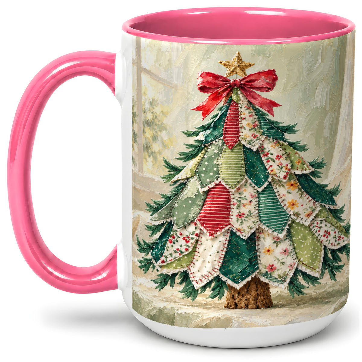 #pl[15oz|Pink] Patchwork Christmas Tree Accent Mug, Ceramic Cup for Coffee