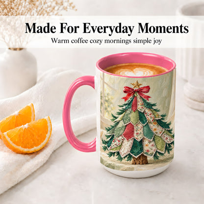 #pl[15oz|Pink] Patchwork Christmas Tree Accent Mug, Ceramic Cup for Coffee