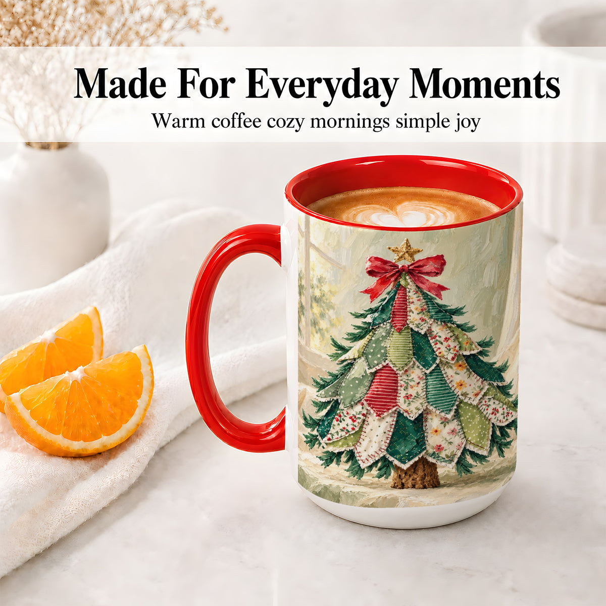 #pl[15oz|Red] Patchwork Christmas Tree Accent Mug, Ceramic Cup for Coffee