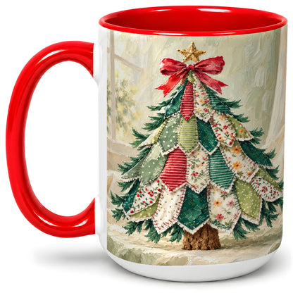 #pl[15oz|Red] Patchwork Christmas Tree Accent Mug, Ceramic Cup for Coffee
