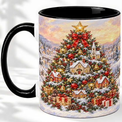 #pl[11oz|Black] Snowy Christmas Village Accent Mug, Ceramic Cup for Coffee