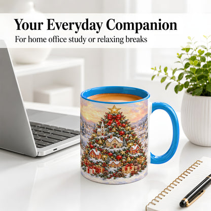 #pl[11oz|Blue] Snowy Christmas Village Accent Mug, Ceramic Cup for Coffee