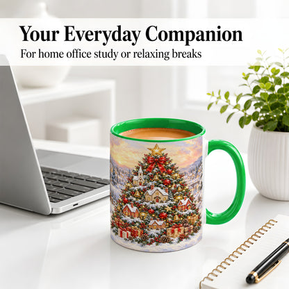 #pl[11oz|Green] Snowy Christmas Village Accent Mug, Ceramic Cup for Coffee