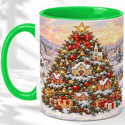 #pl[11oz|Green] Snowy Christmas Village Accent Mug, Ceramic Cup for Coffee