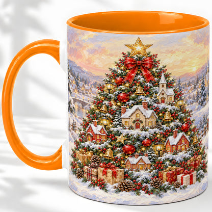 #pl[11oz|Orange] Snowy Christmas Village Accent Mug, Ceramic Cup for Coffee