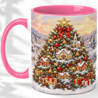 #pl[11oz|Pink] Snowy Christmas Village Accent Mug, Ceramic Cup for Coffee