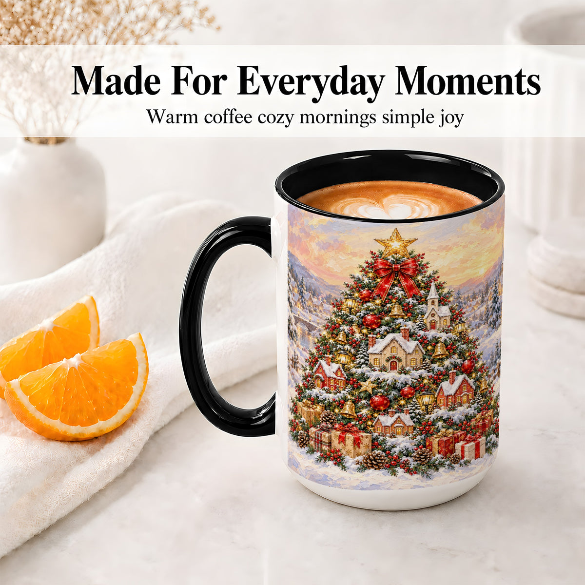 #pl[15oz|Black] Snowy Christmas Village Accent Mug, Ceramic Cup for Coffee