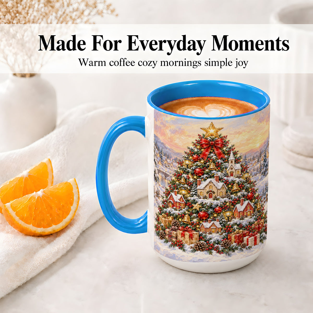 #pl[15oz|Blue] Snowy Christmas Village Accent Mug, Ceramic Cup for Coffee