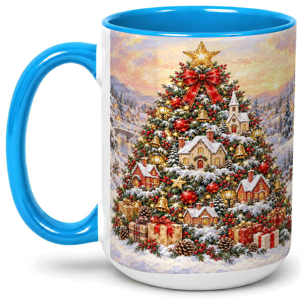 #pl[15oz|Blue] Snowy Christmas Village Accent Mug, Ceramic Cup for Coffee