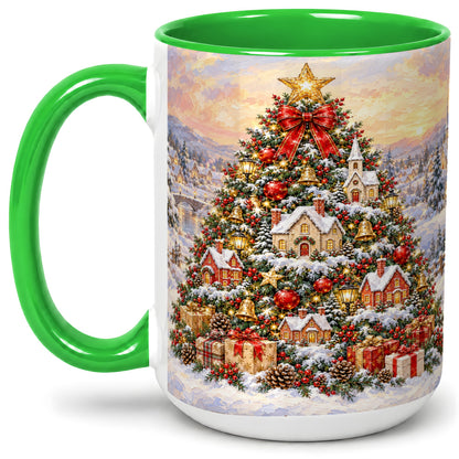 #pl[15oz|Green] Snowy Christmas Village Accent Mug, Ceramic Cup for Coffee
