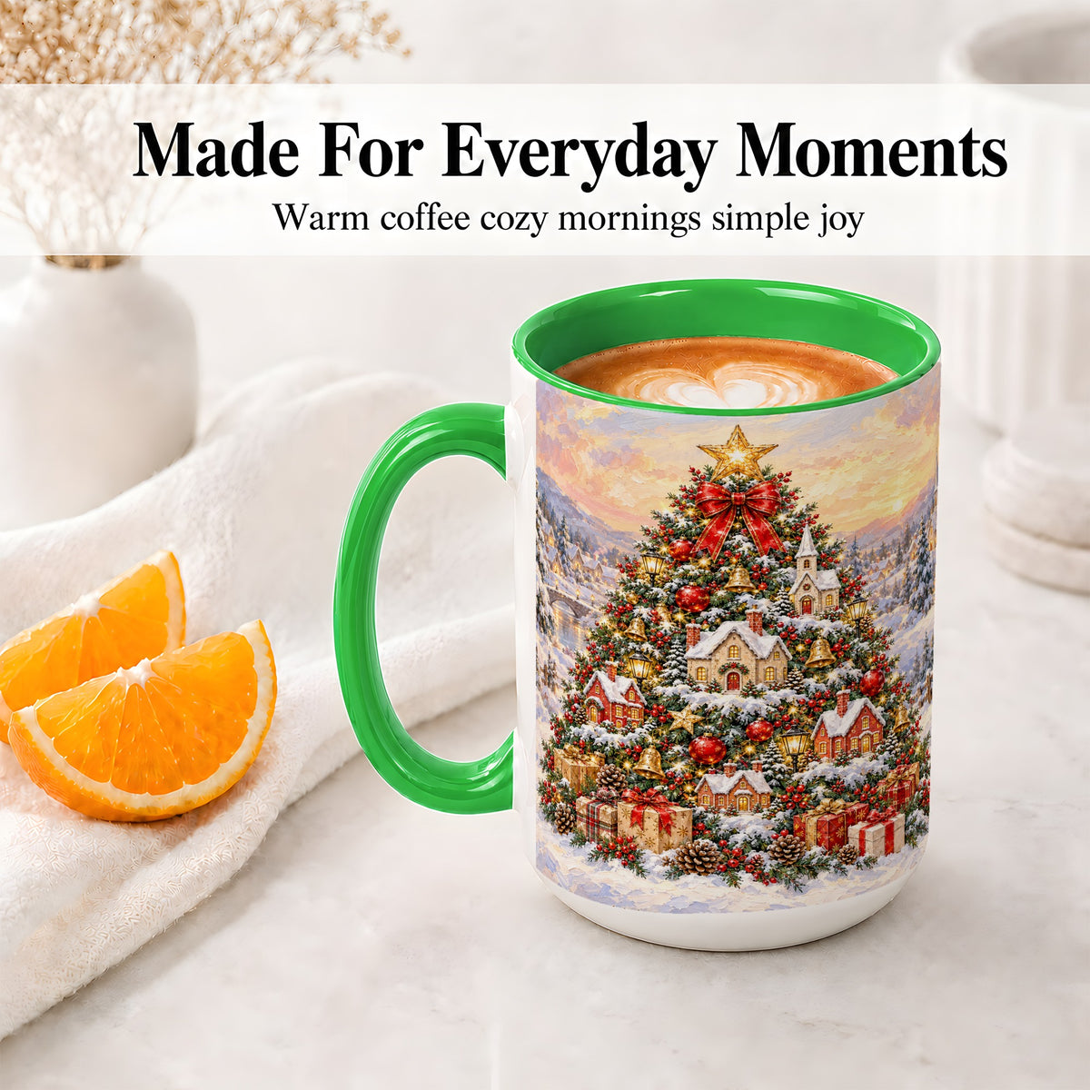 #pl[15oz|Green] Snowy Christmas Village Accent Mug, Ceramic Cup for Coffee