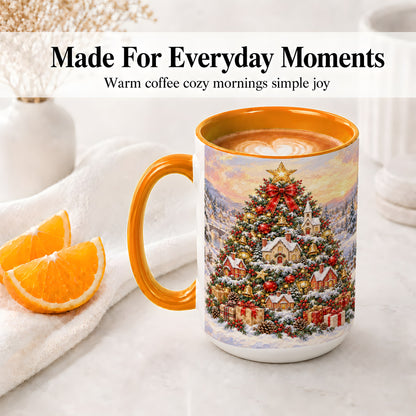 #pl[15oz|Orange] Snowy Christmas Village Accent Mug, Ceramic Cup for Coffee