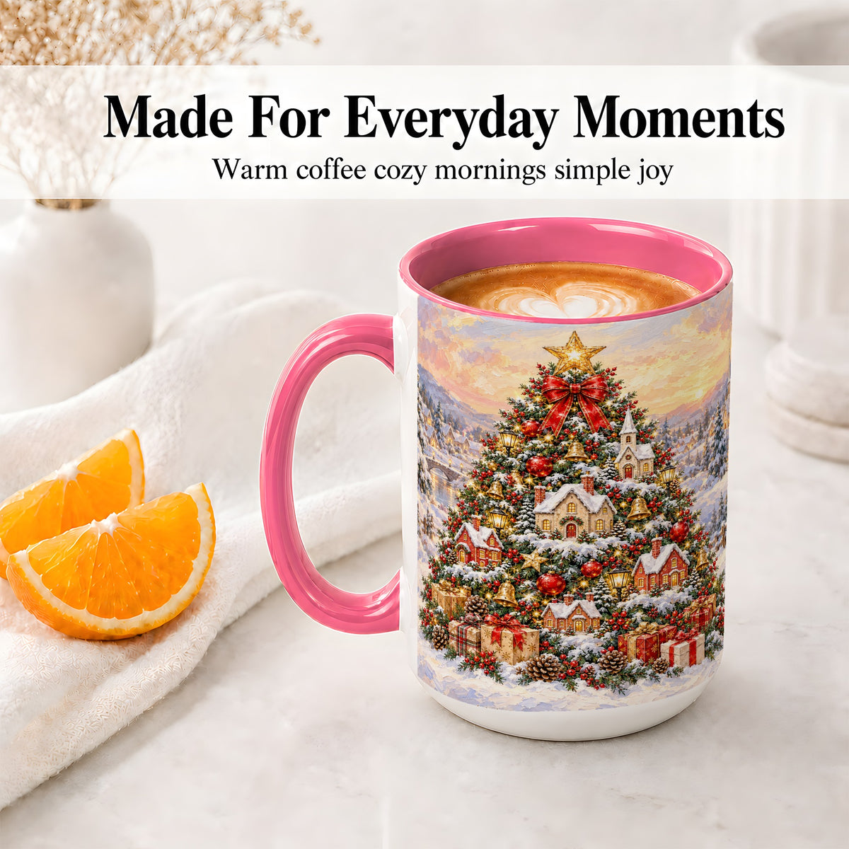 #pl[15oz|Pink] Snowy Christmas Village Accent Mug, Ceramic Cup for Coffee