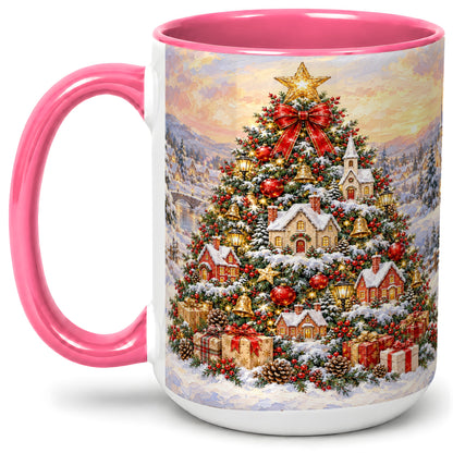 #pl[15oz|Pink] Snowy Christmas Village Accent Mug, Ceramic Cup for Coffee