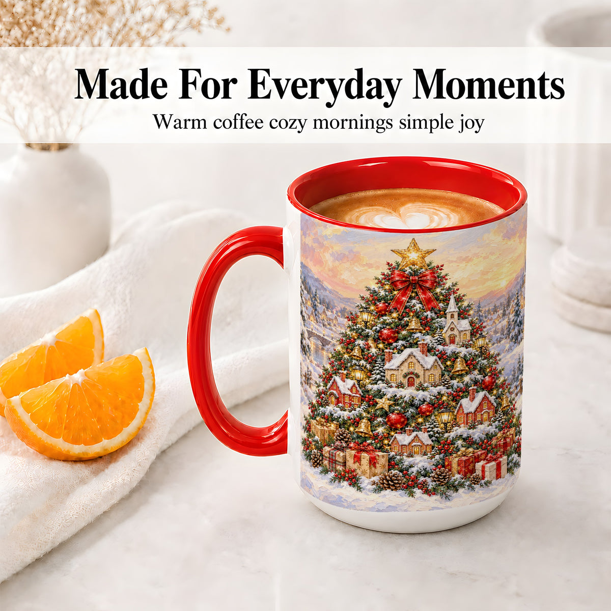 #pl[15oz|Red] Snowy Christmas Village Accent Mug, Ceramic Cup for Coffee