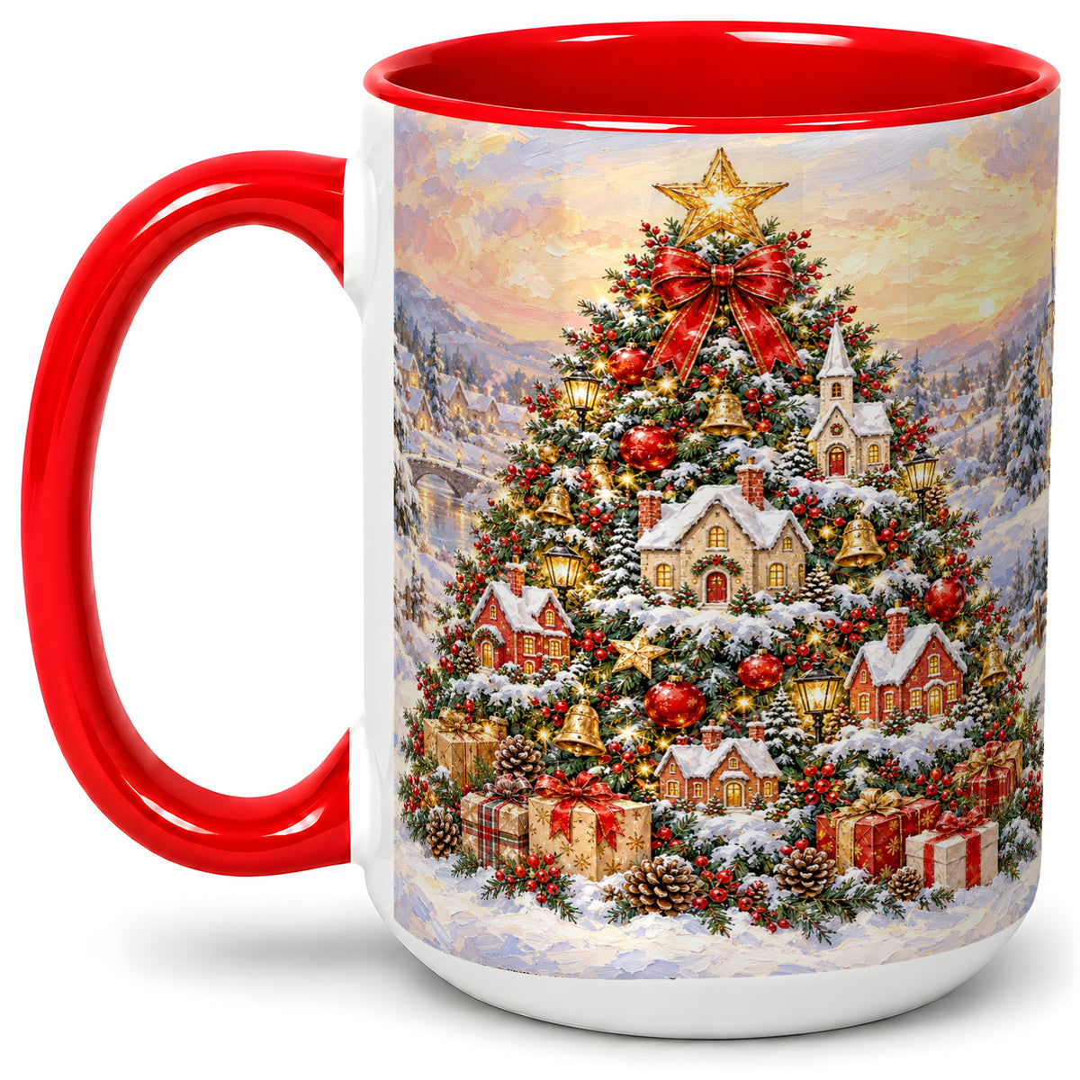 #pl[15oz|Red] Snowy Christmas Village Accent Mug, Ceramic Cup for Coffee