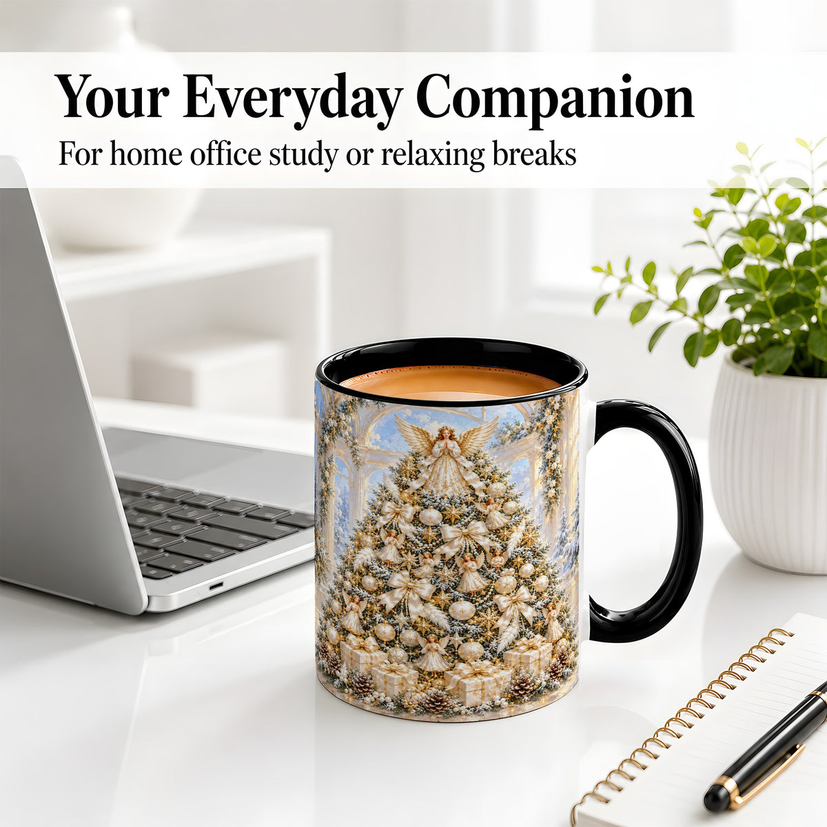 #pl[11oz|Black] Angel Christmas Tree Accent Mug, Ceramic Cup with White Gold Art