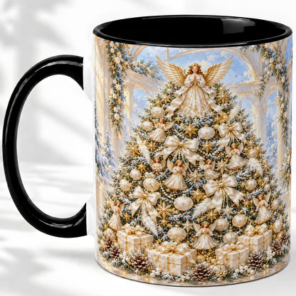 #pl[11oz|Black] Angel Christmas Tree Accent Mug, Ceramic Cup with White Gold Art
