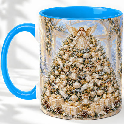 #pl[11oz|Blue] Angel Christmas Tree Accent Mug, Ceramic Cup with White Gold Art