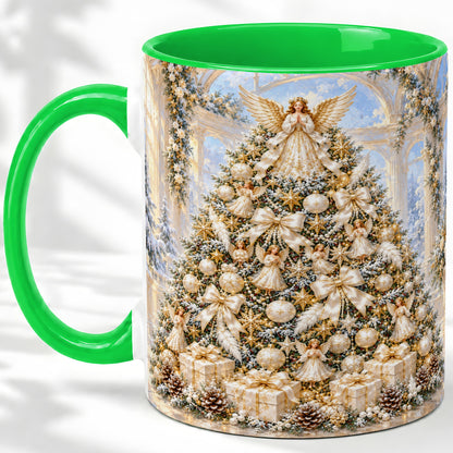 #pl[11oz|Green] Angel Christmas Tree Accent Mug, Ceramic Cup with White Gold Art
